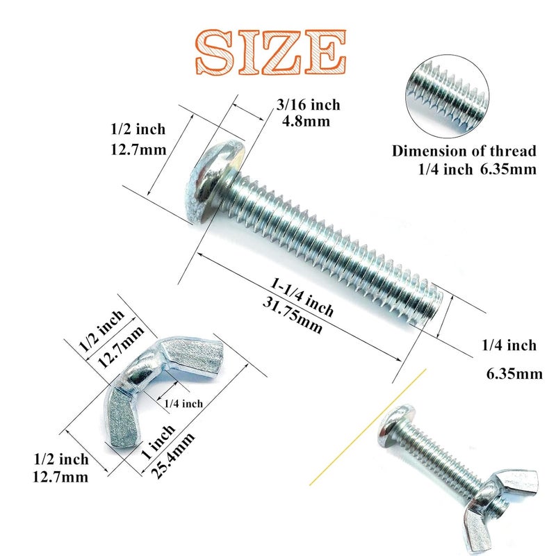Matrelt 30Pack 1/4"-20 x1-1/4 Screw Bolts and Wing Nut Kit 15pcs Machine Screws with Round Head Phillips 15pcs Butterfly Hand Twist Tighten Nut Zinc Plated Hardware Fitting Fastenings Assortment Kit - Image 2